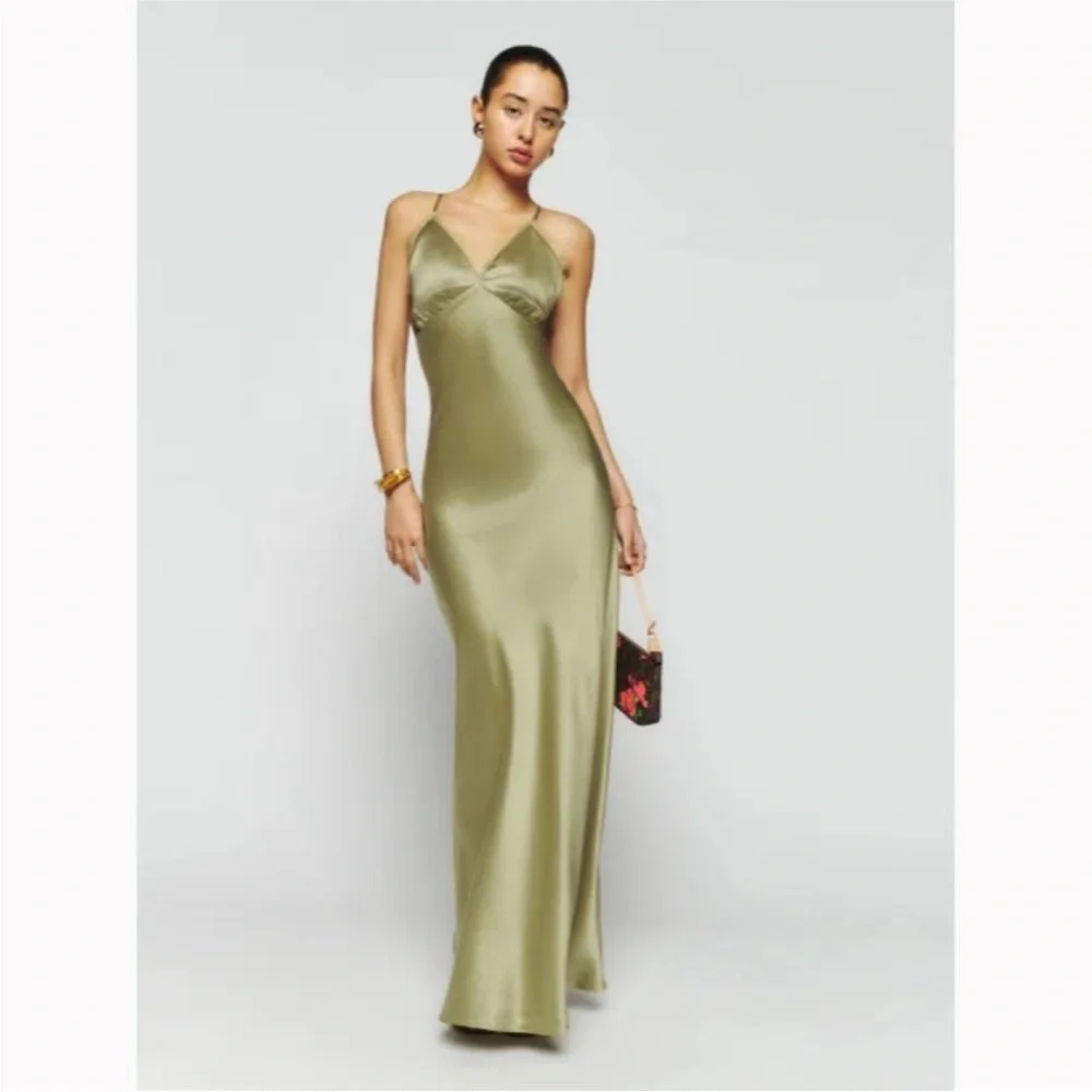 Reformation Silk Dress Green Maxi Lace NWT - Picture 2 of 7